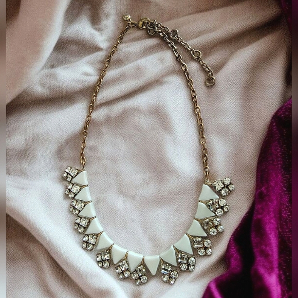J. Crew Gold Tone White Enamel & Clear Rhinestone Necklace Signed